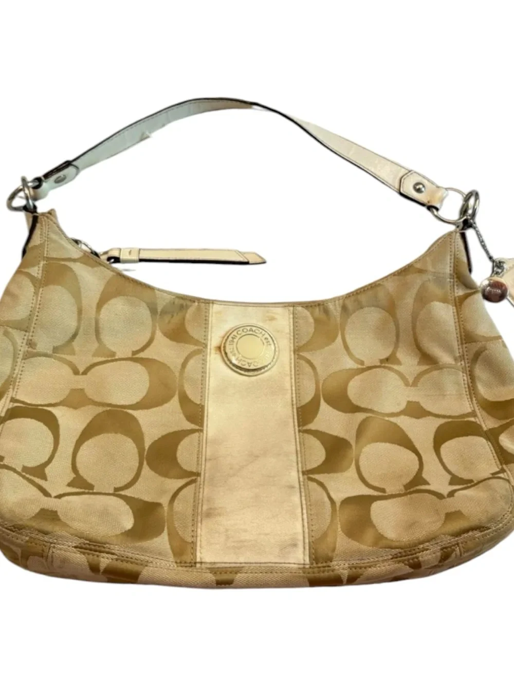 Coach Signature Stripe Convertible Hobo Shoulder Bag Khaki Cream Y2K F19281